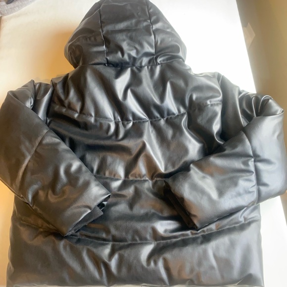 ZARA Faux Leather Puffer Jacket Black Hooded Zip Front Women’s Small - Picture 5 of 13